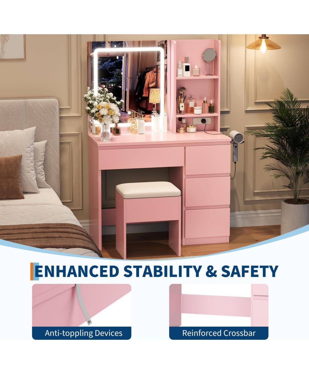 gaomon Vanity Desk with Mirror and Lights - Modern Makeup Dressing Table Outlets