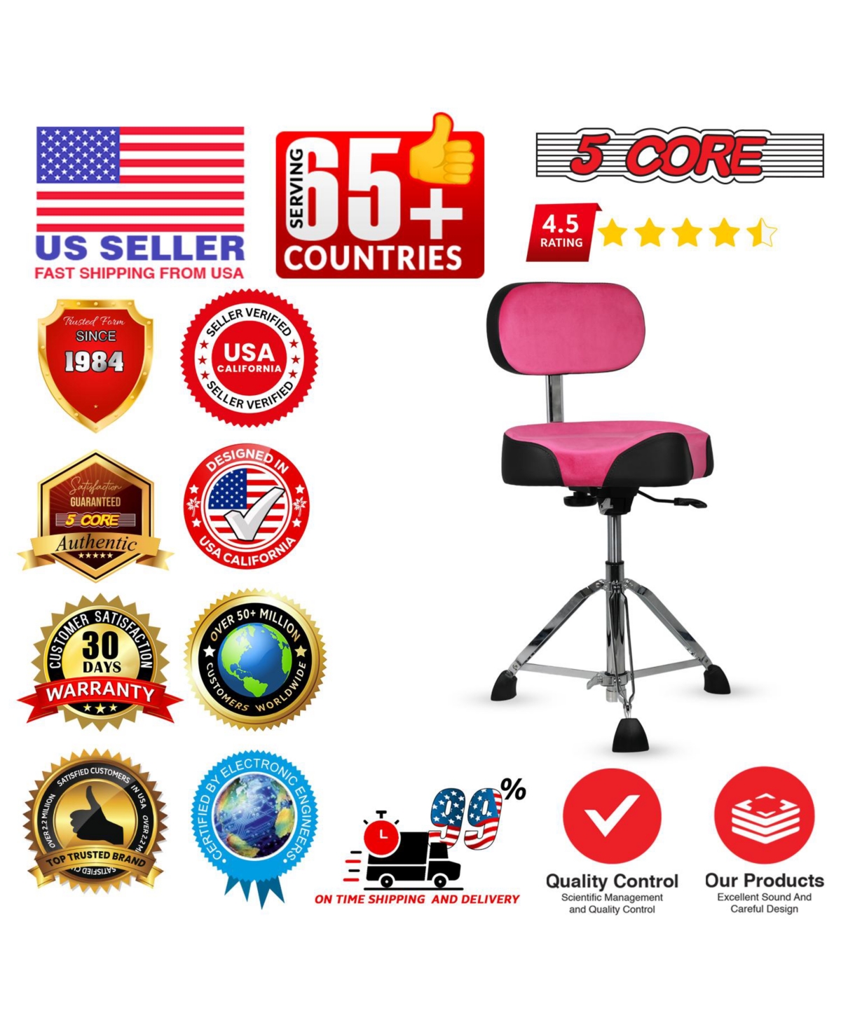 5 Core Drum Throne w Backrest 4" Padded Stool Airlift 25" Adjustable Drummer 441Lb Capacity