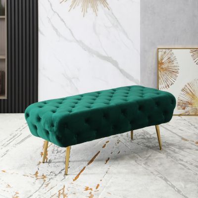 Velvet Button Tufted Bench with Gold Metal Legs