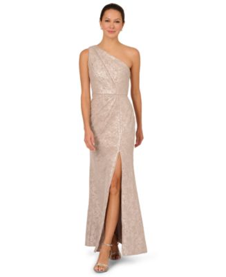 one shoulder jacquard dress Cobalt Blue Bow One-Shoulder Full A-Line Floral Metallic Jacquard Maxi Dress