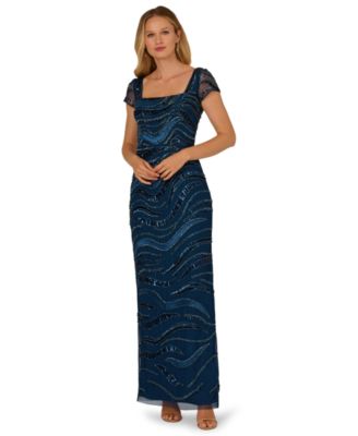 Women's Beaded Column Square Neck Gown