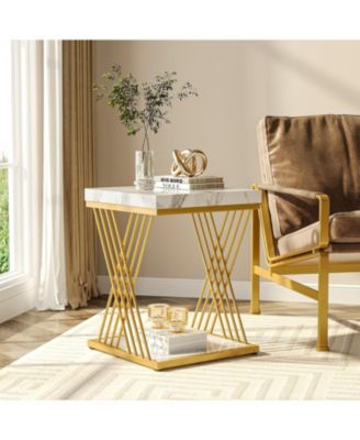 Square End Table White Gold 2-Tier Side Table (2, Faux Marble White+Gold)