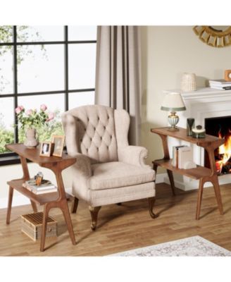 Solid Wood Side Table, 2-Tier Farmhouse Couch Side Table, Rustic Brown