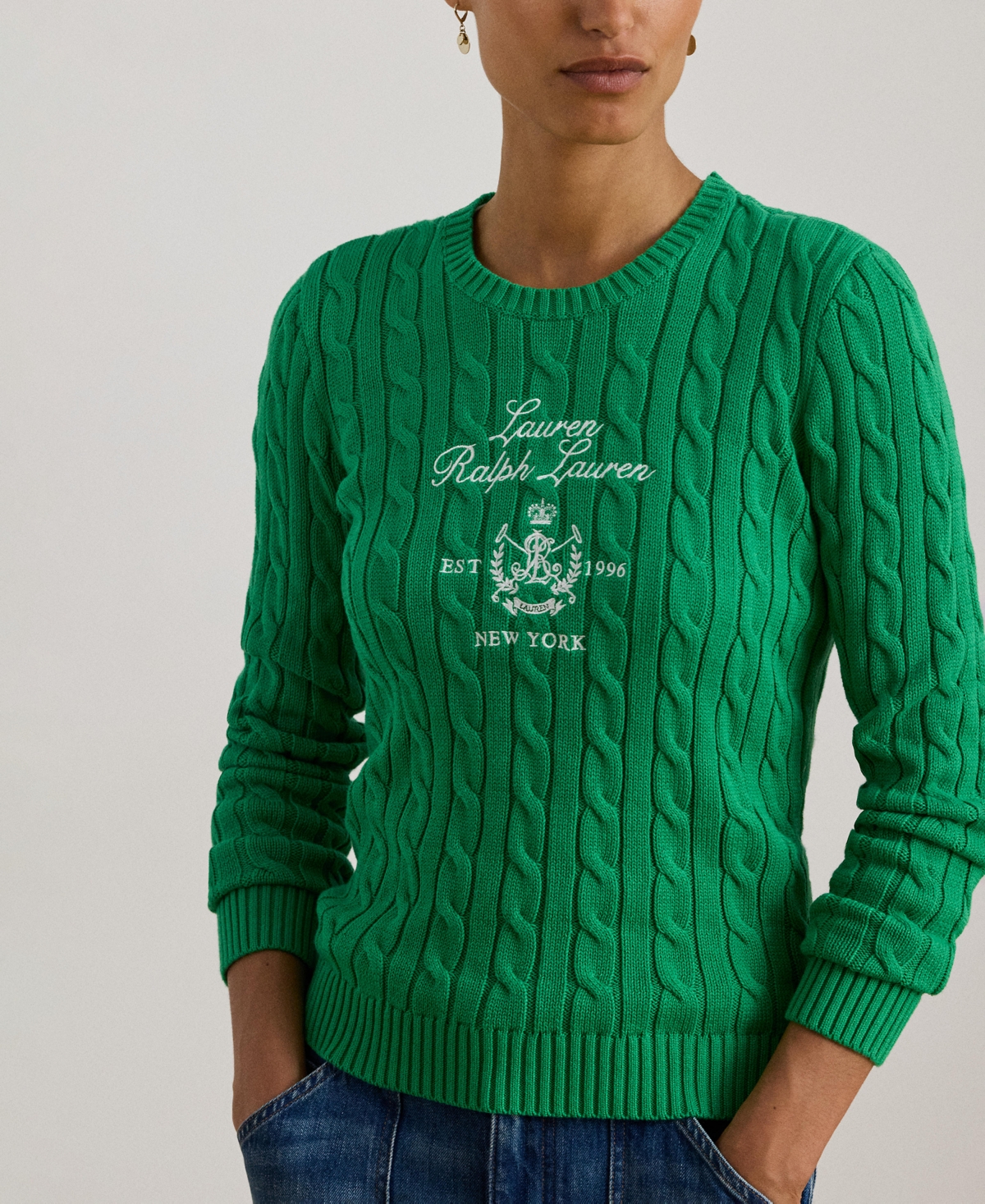 Lauren Ralph Women's Embroidered-Crest Cable-Knit Sweater