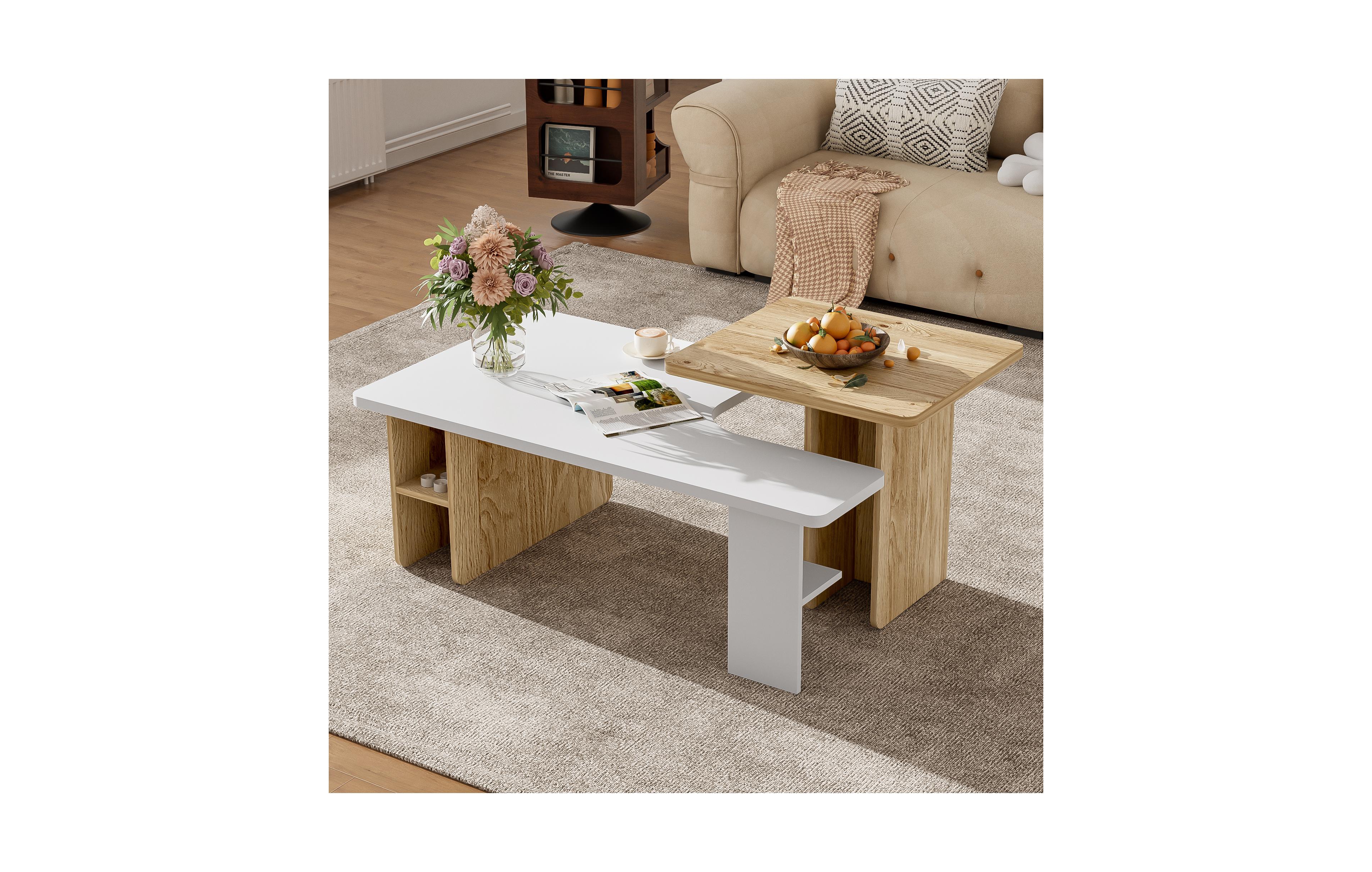 Lovmor Set of 2 Farmhouse Rectangular Nesting Coffee Tables with Wood Finish for Living Room