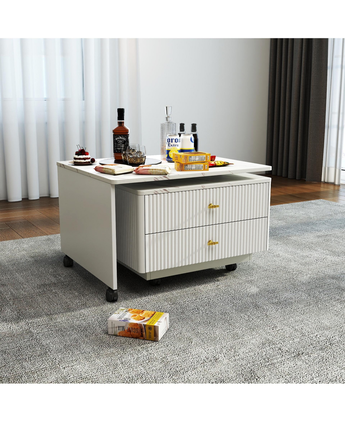 Lovmor Extendable Coffee Table with Storage, Reversible Living Room Table with 2 Drawers and with 6 Wheels