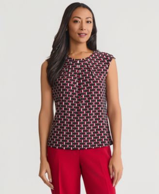 Women's Geo-Print Pleated-Neck Blouse, Regular & Petite