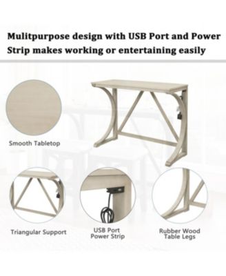 Rubber Wood, MDF Farmhouse Counter Height Dining Set with USB & Upholstered Stools