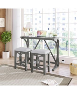 Rubber Wood, MDF Farmhouse Counter Height Dining Set with USB & Upholstered Stools