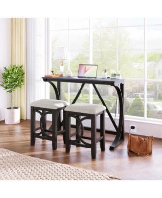 Rubber Wood, MDF Farmhouse Counter Height Dining Set with USB & Upholstered Stools