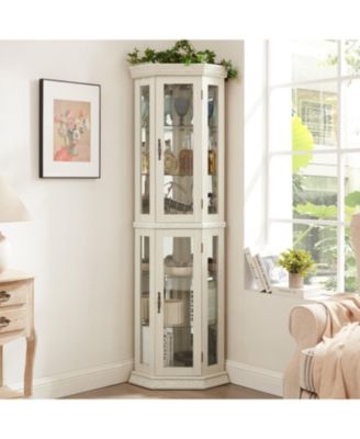 Lighted Corner Curio Cabinet - Glass Display, Adjustable Shelves - WHITE