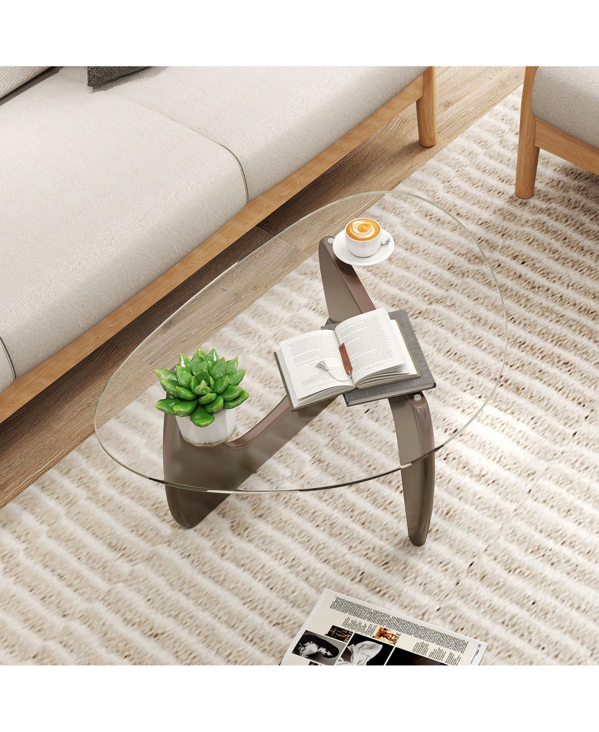 Gymax Triangle Coffee Table w/ Tempered Glass Top & Adjustable Rubber Wood Base