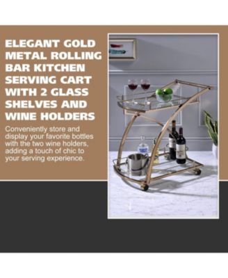 Gold Rolling Bar Cart with Glass Shelves & Wine Rack