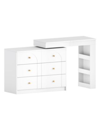 Vanity Desk with Mirror, Lights, Flip-Top, 7 Drawers, 9 Compartments, 3 Shelves, Walnut