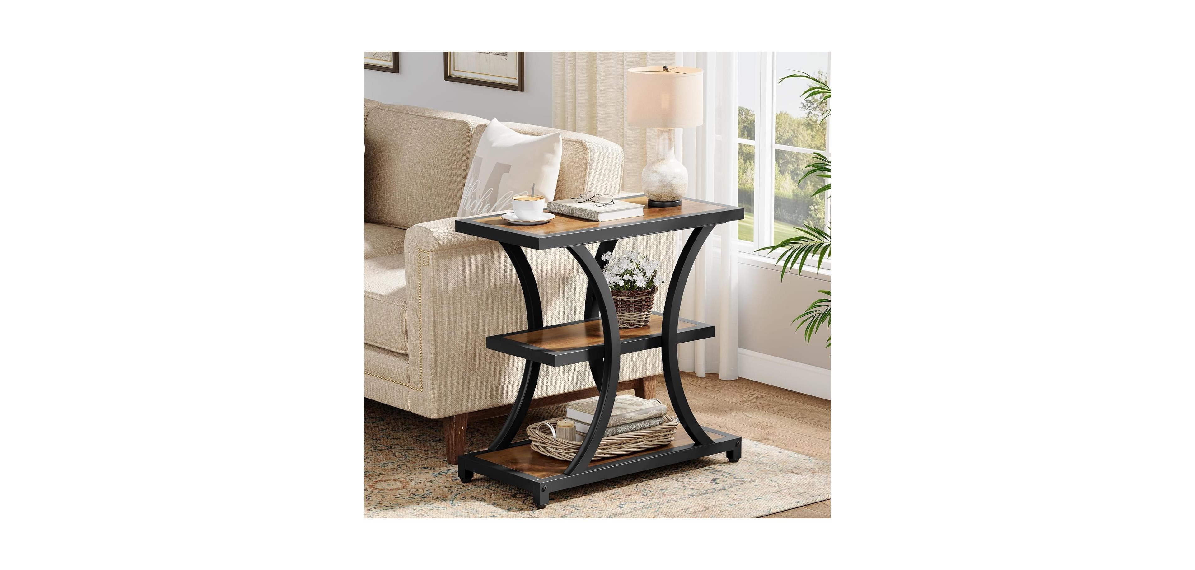 Tribesigns End Table with Storage, 3-Tier Side Table with Geometric Metal Design, Industrial Nightstand