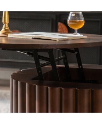 Round Coffee Table with Lift, Handcrafted Relief Wooden Tea Table for Living Room