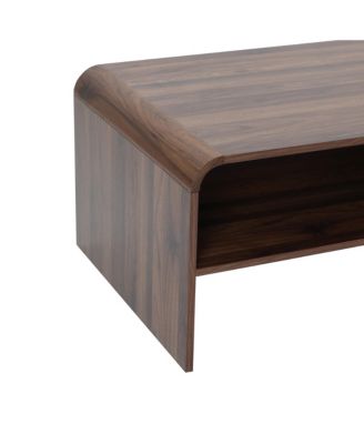 Walnut Finish 2-Drawer Coffee Table, Engineered Wood Open Storage Center Table with Rounded Corners for Living Room