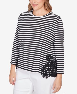 Plus Size Crew Neck Stripe Cotton Lace Applique Top