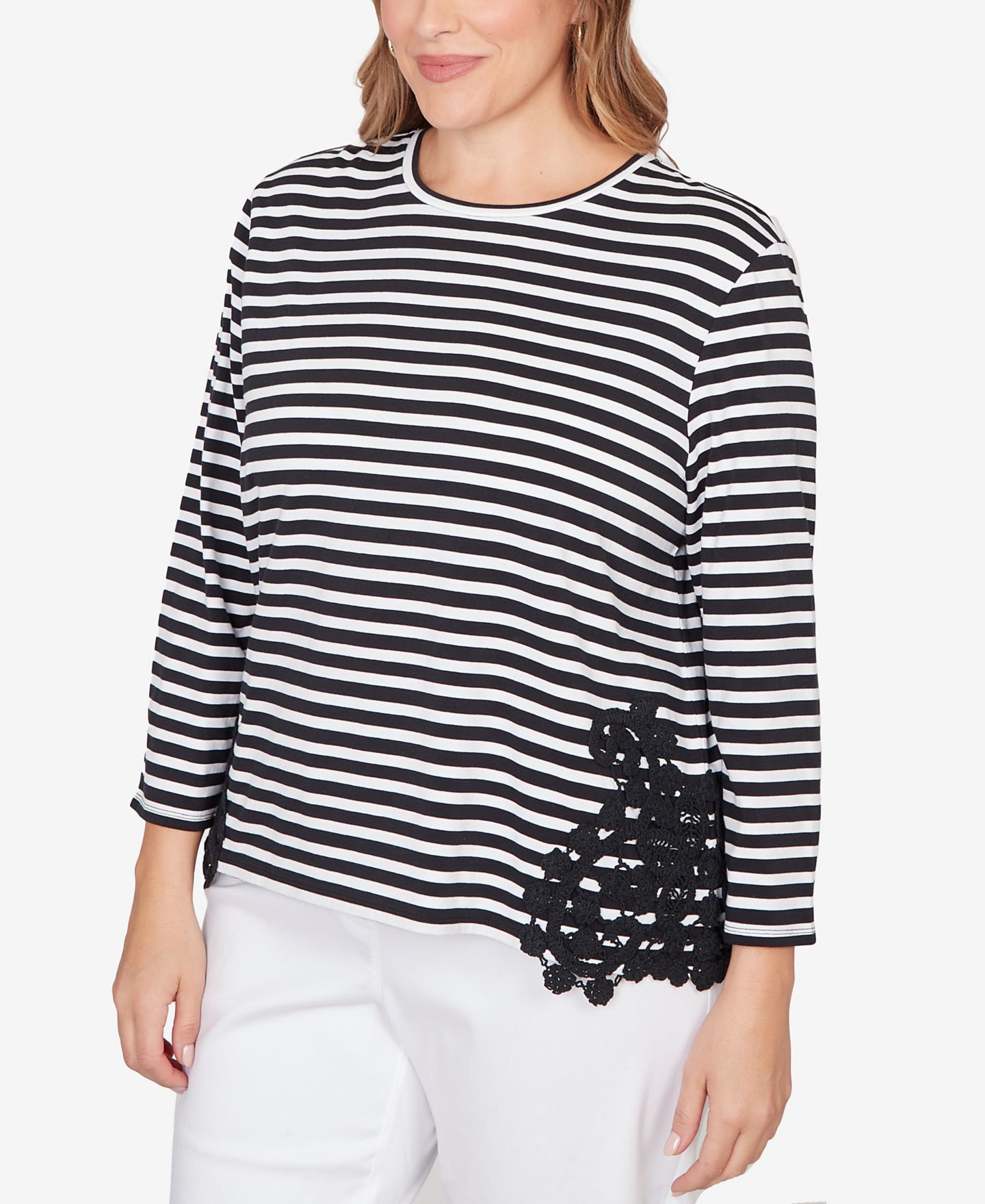 Женский топ Ruby Rd. Plus Size Crew Neck Stripe Cotton Lace Applique, цвет: Чёрный / Белый — фото 3