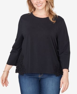 Plus Size Crochet Crew Neck Applique Stretch Knit Top