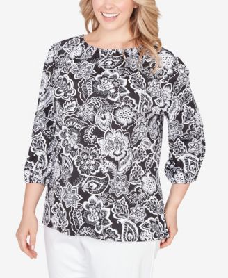 Plus Size 3/4 sleeves Dotted Floral Puff Print Knit Top