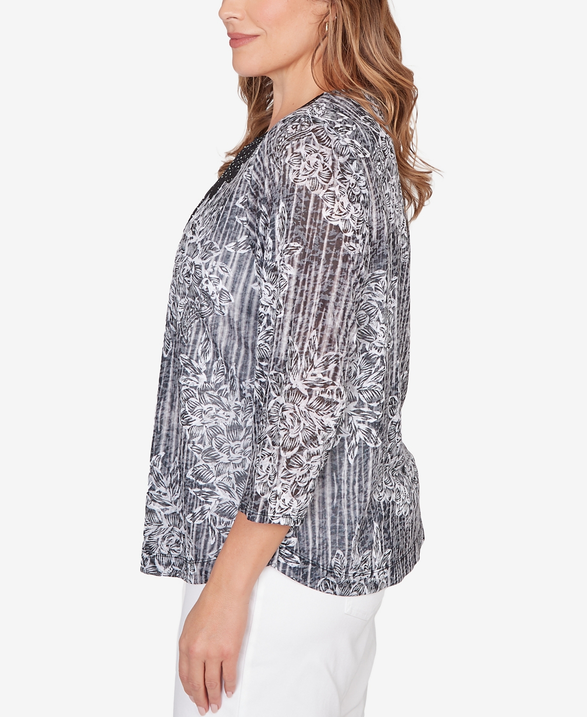 Ruby Rd. Plus Scoop Neck Embellished Layered Floral Slub Knit Top