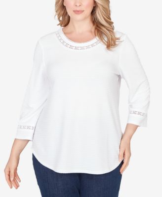 Plus Size Solid Clip Dot Lace Trim Knit Top