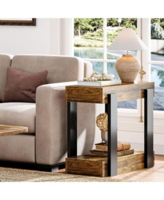 Narrow Wood End Table Set of 2, 2-Tier Farmhouse Side Table for Living Room