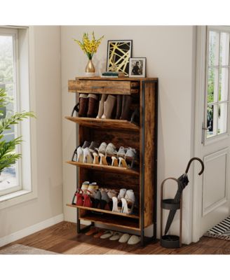 Flip Top Shoe Cabinet Drawer Storage 12-15 Pairs White Rustic Brown Entryway