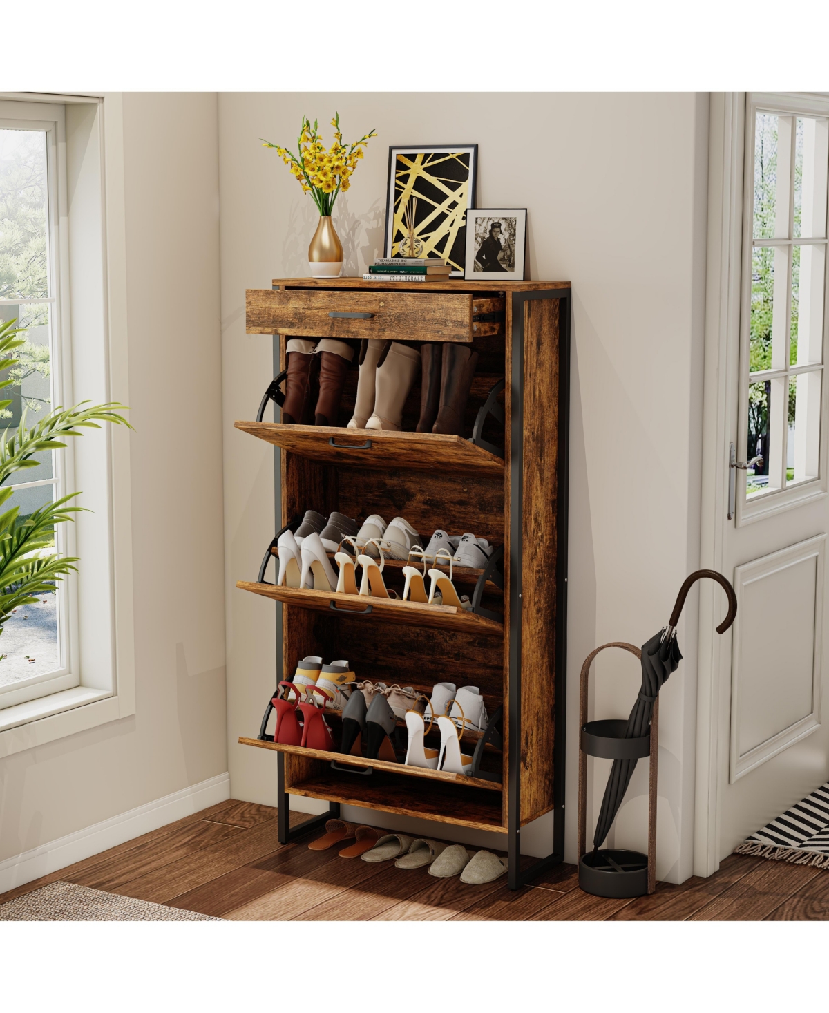 Lovmor Flip Top Shoe Cabinet Drawer Storage 12-15 Pairs White Rustic Brown Entryway