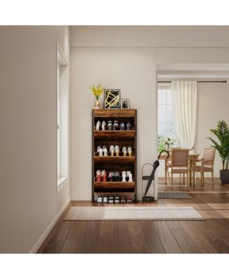 Flip Top Shoe Cabinet Drawer Storage 12-15 Pairs White Rustic Brown Entryway