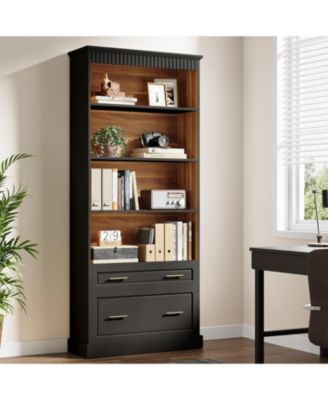 2-Drawer Vertical File Cabinet, Modern Black Filing Cabinet with 5-Tier Bookshelf, Large Printer Stand