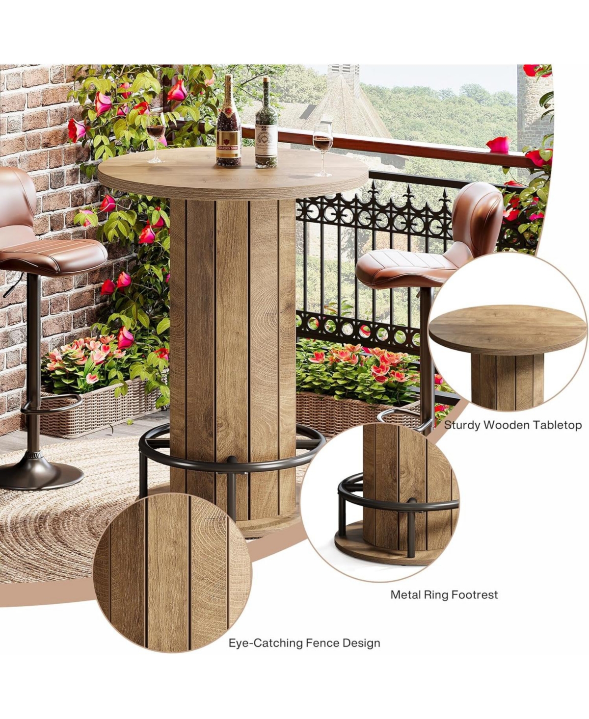 Tribesigns Round Bar Table, 39.4" H Wood Bistro Pub Table with Metal Ring Footrest (Only Table)