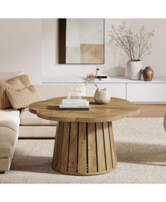 33.5" Round Coffee Table, Farmhouse Circle Center Table with Floral Tabletop & Wood Base