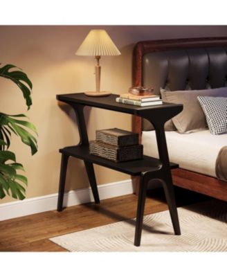 Solid Wood End Table, 2-Tier Modern Slim Couch Side Table with Storage Shelves, Black
