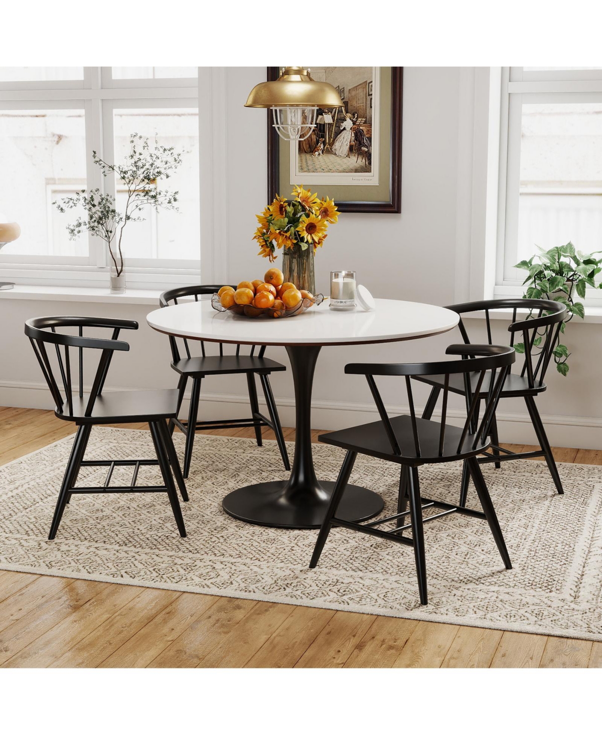 Gymax Windsor Dining Chair Set of 4 w/Rubber Wood Frame Curved Spindle Back & Armrest