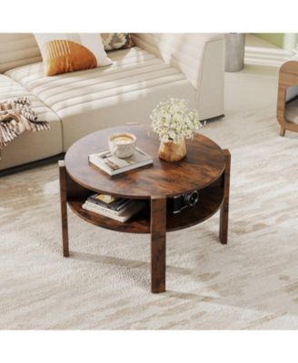29.5'' 2-Tier Round Coffee Table w/ Storage 4 Shelves Faux Wooden Top