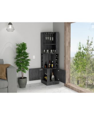 Elegant Home Bar Cabinet with Two Doors 8 Liquor Cubbies Display Area and Upper Shelf