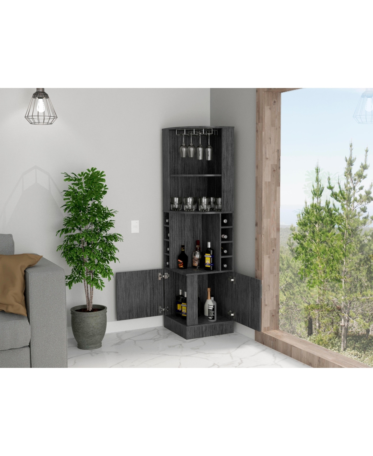 Lovmor Elegant Home Bar Cabinet with Two Doors 8 Liquor Cubbies Display Area and Upper Shelf