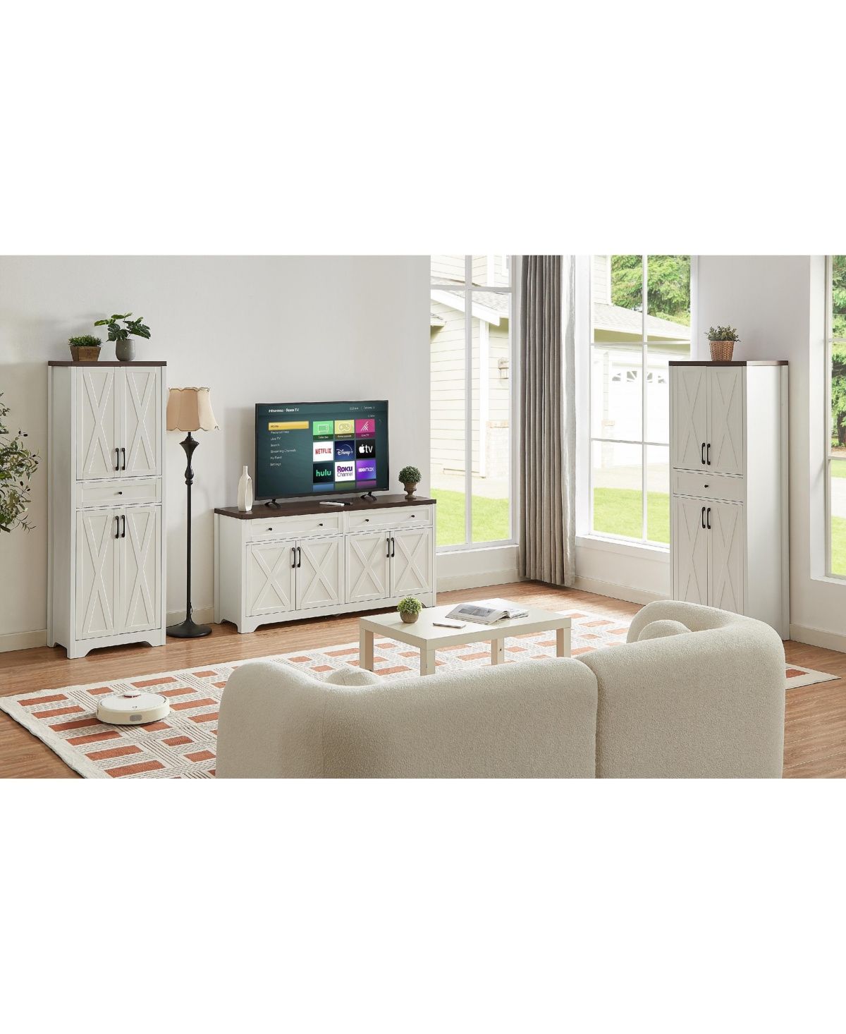 Lovmor Luxurious Tv Stand Set with 66 Inch Console Pier Units Overhead Bridge and Multifunctional Cabinet Space