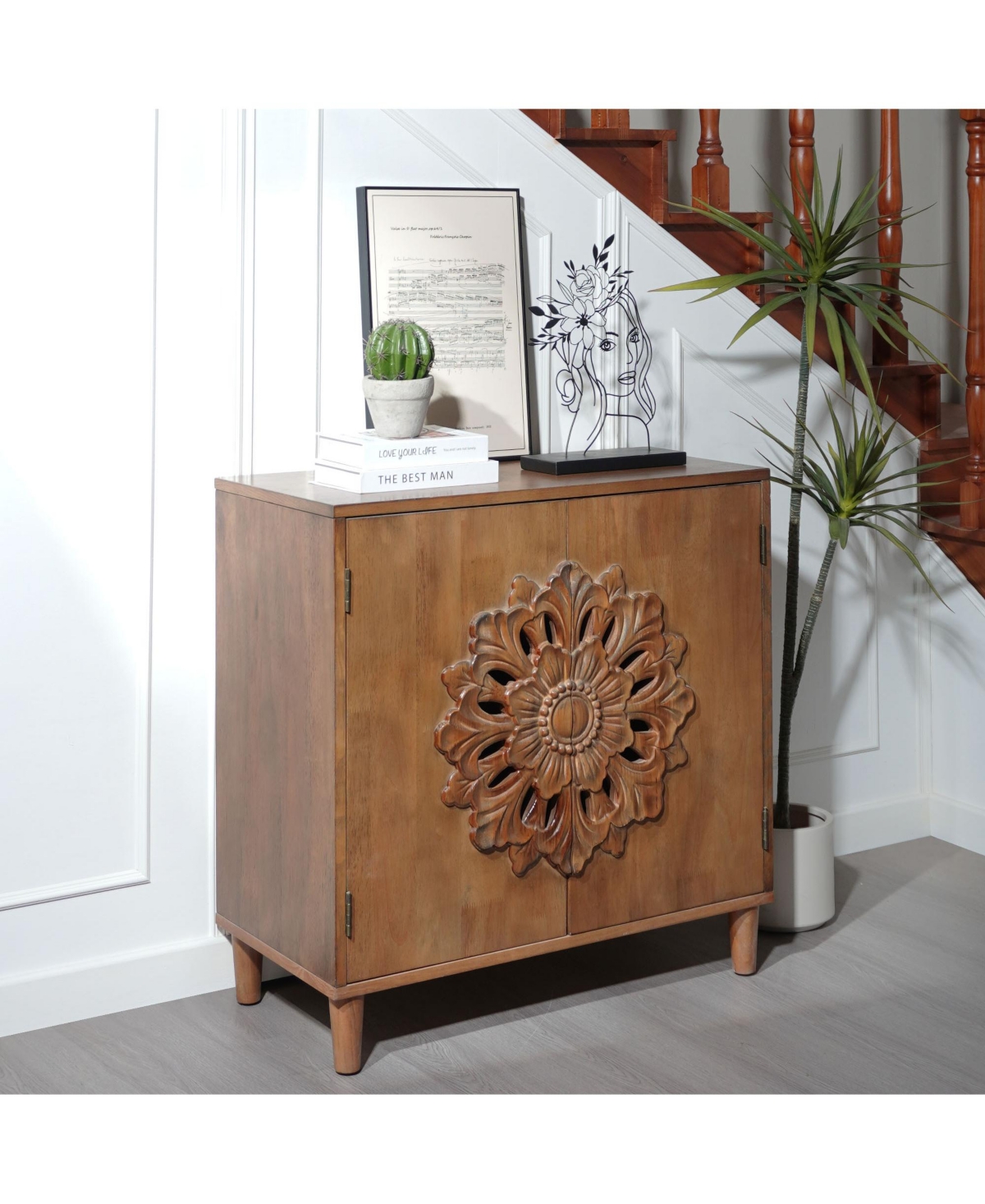 Lovmor Hand Carved Floral Accent Cabinet Rustic Boho Storage Two Door Hallway Sideboard