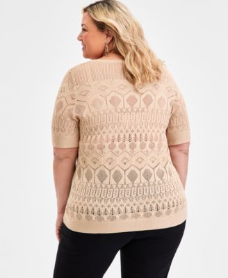 Plus Size Metallic Pointelle Knit Elbow-Sleeve Sweater