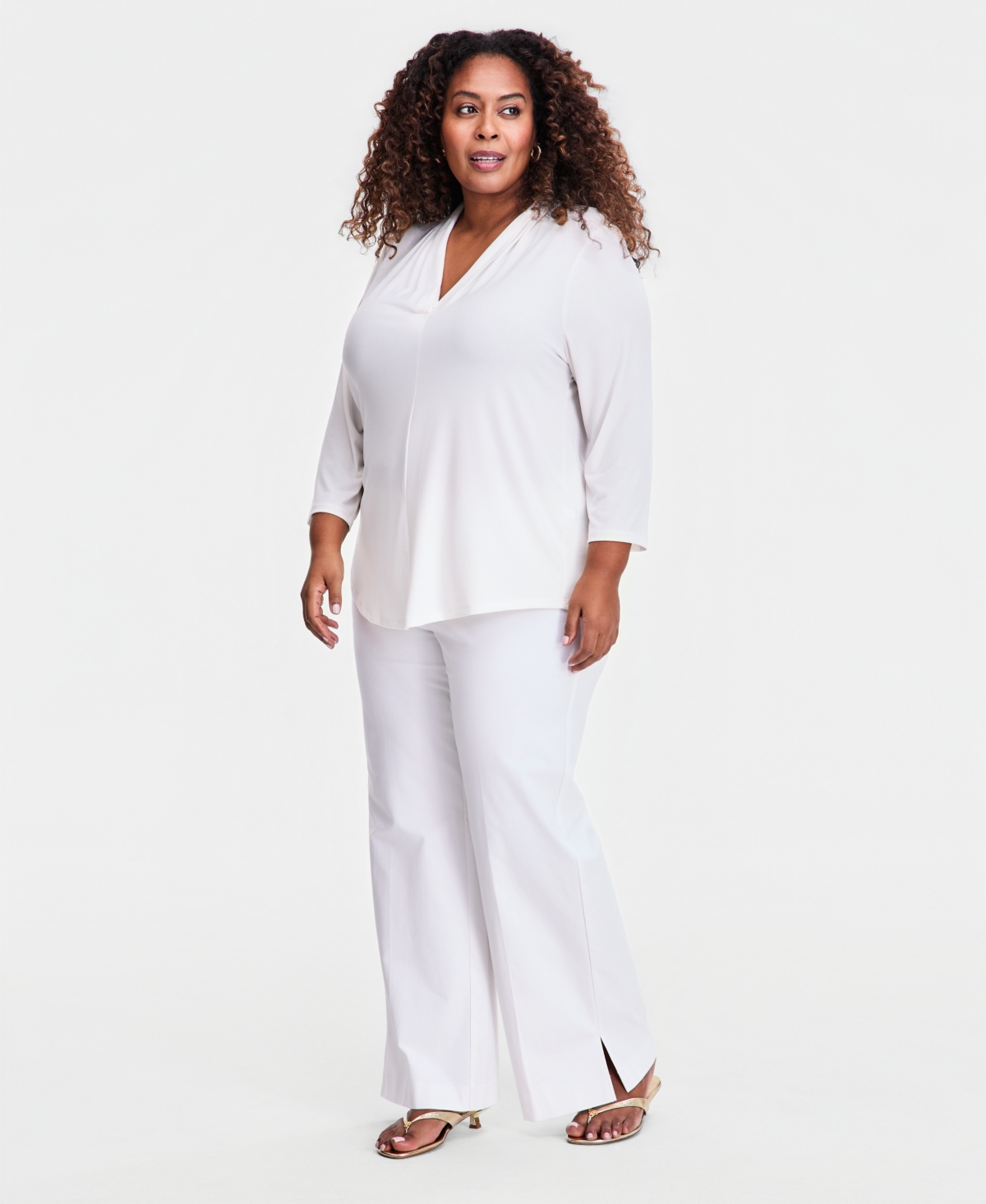 Jm Collection Plus Solid V-Neck 3/4-Sleeve Top, Exclusively at Macy's