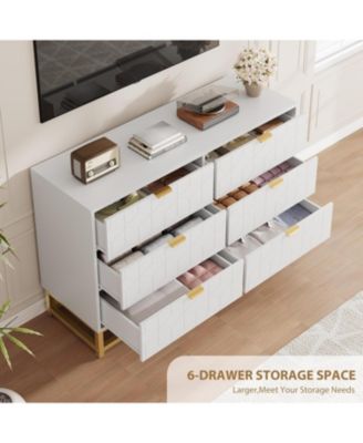 47.2" Wide Modern 6 Drawer Dresser, Wide Chest with Gold Metal Legs & Handles, Wood Storage Organizer for Bedroom, Living Room