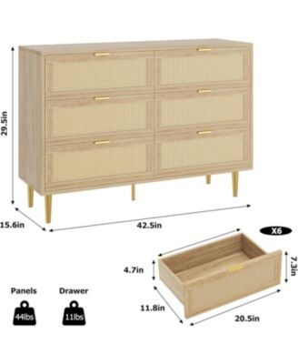 Rattan 6 Drawer Dresser, Wide Double Dresser with Gold Handles & Legs, Modern Chest with Large Storage for Bedroom or Living Room