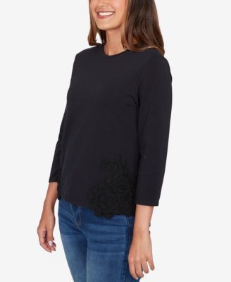 Petite Crochet Applique Stretch Knit Top