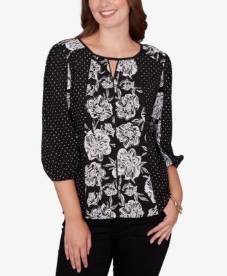 Petite Floral Panel Crinkle Knit Peasant Top