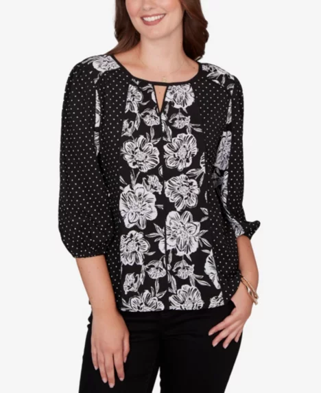 Petite Floral Panel Crinkle Knit Peasant Top - Black Multi