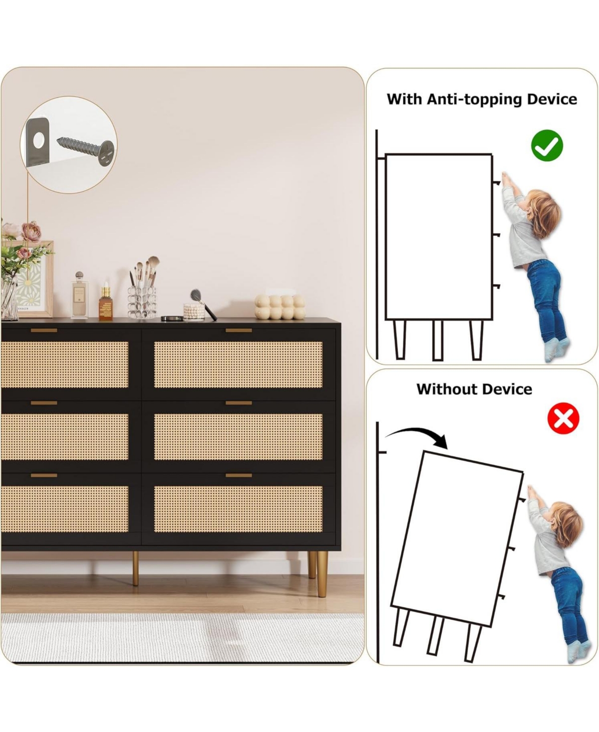 gaomon Rattan 6 Drawer Dresser, Wide Double Dresser with Gold Handles & Legs, Modern Chest Large Storage for Bedroom or Living Room