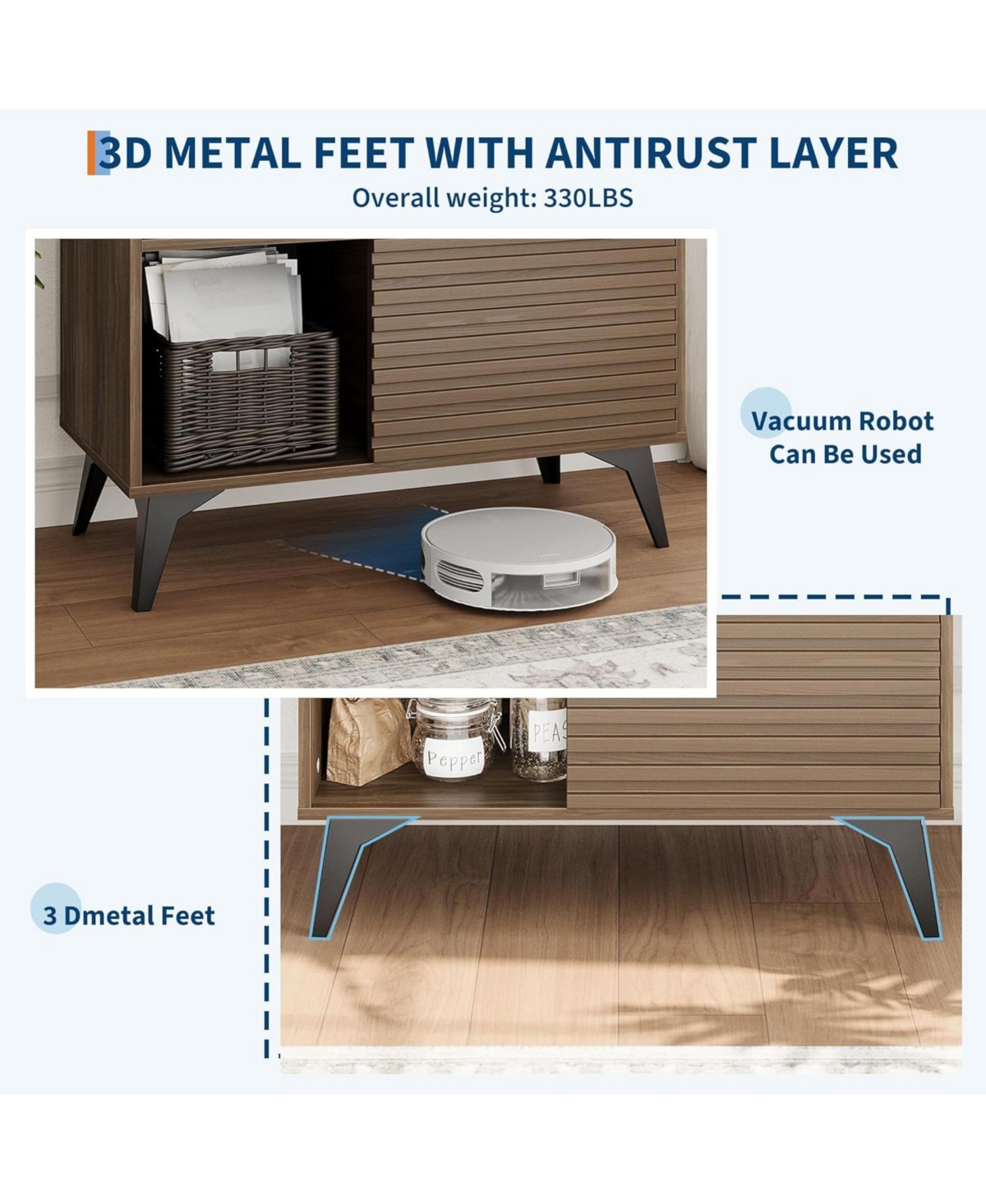 gaomon Modern 3-Tier Accent Cabinet with Doors, Wooden Buffet Sideboard Metal Legs, Storage Stand for Living Room, Dining or Hallway
